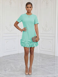 Satin Bodycon Scoop Neck Short Cocktail Dresses with 3D Flowers