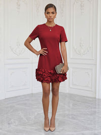 Satin Bodycon Scoop Neck Short Cocktail Dresses with 3D Flowers