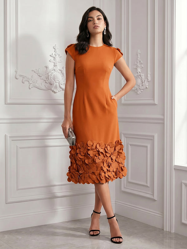 Satin Sheath/Column Scoop Neck Midi-Length Cocktail Dresses with 3D Flowers & Pockets