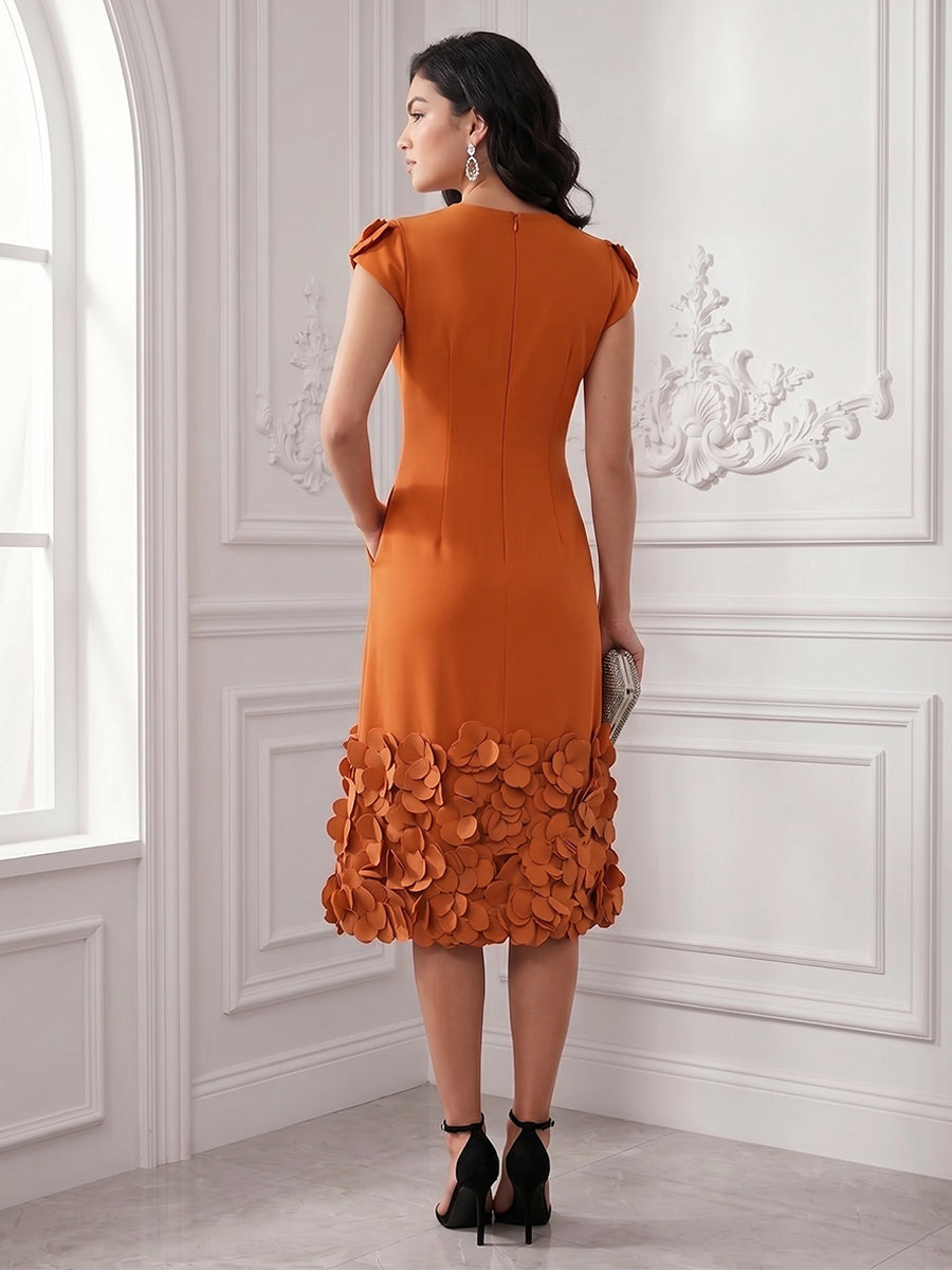 Satin Sheath/Column Scoop Neck Midi-Length Cocktail Dresses with 3D Flowers & Pockets