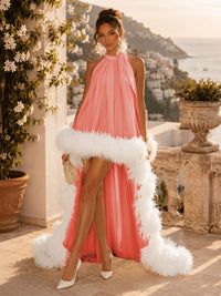 Chiffon A-Line/Princess Scoop Neck Short Cocktail Dresses with Feather Trim