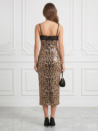 Sequin Sheath/Column Spaghetti Straps Tea-Length Cocktail Dresses with Leopard Print