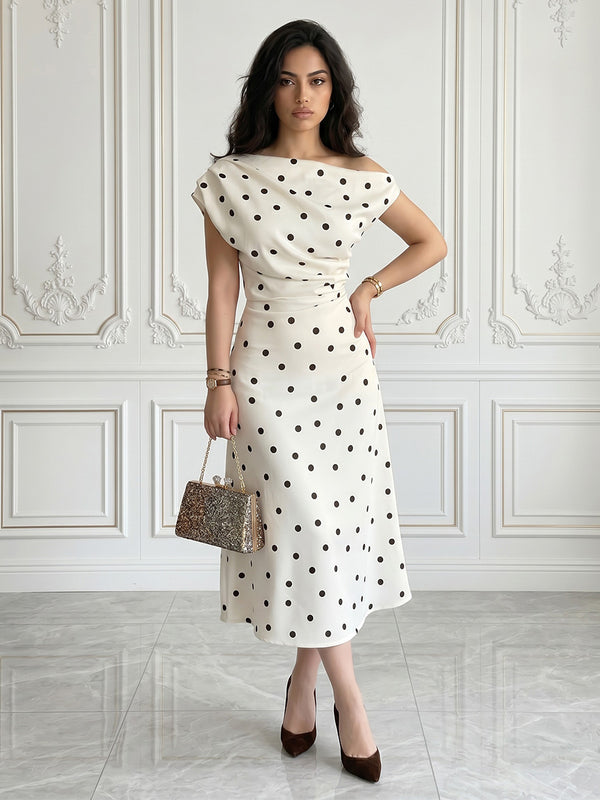 Satin A-Line/Princess Off Shoulder Tea-Length Cocktail Dresses with Polka Dot Print