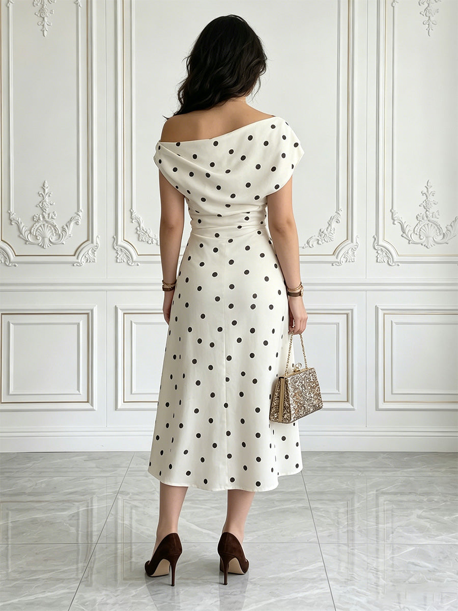 Satin A-Line/Princess Off Shoulder Tea-Length Cocktail Dresses with Polka Dot Print