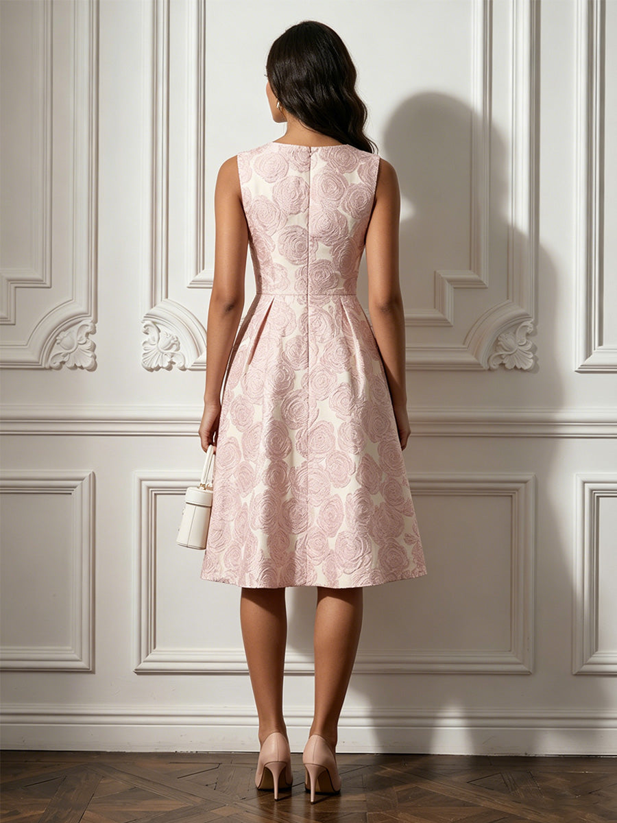 Jacquard A-Line/Princess Scoop Neck Midi-Length Cocktail Dresses with Ruched Waist