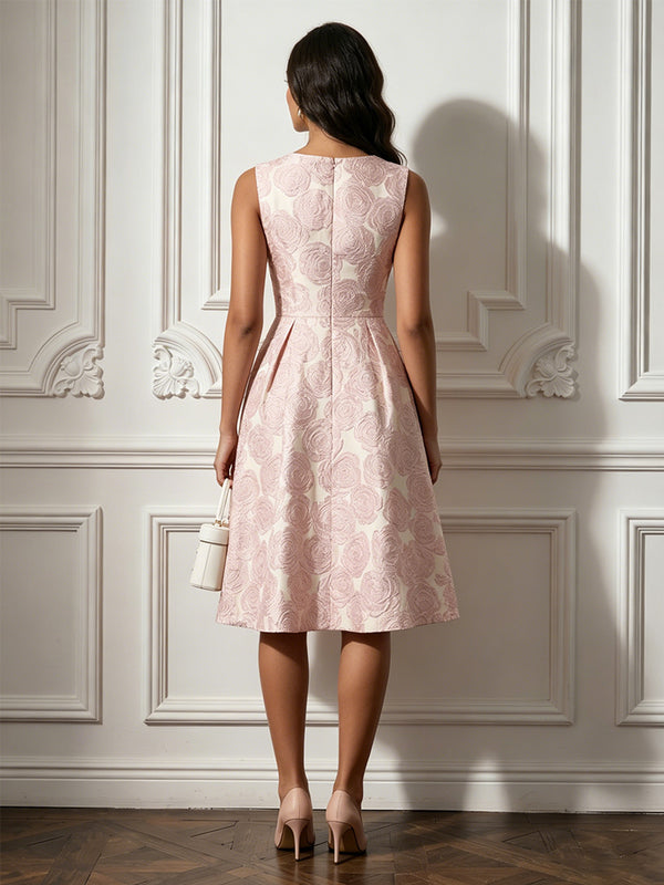Jacquard A-Line/Princess Scoop Neck Midi-Length Cocktail Dresses with Ruched Waist