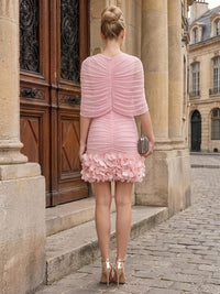 Chiffon Bodycon High Neck Short Cocktail Dresses with 3D Flowers & Ruched Waist
