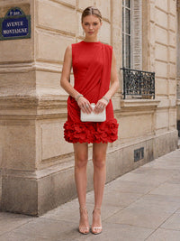 Chiffon Bodycon Scoop Neck Short Cocktail Dresses with 3D Flowers & Ruched Waist