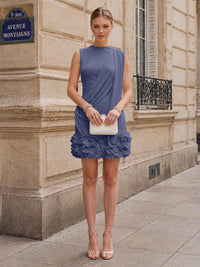 Chiffon Bodycon Scoop Neck Short Cocktail Dresses with 3D Flowers & Ruched Waist