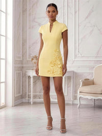 Stretch Mesh Bodycon V-Neck Short Cocktail Dresses with 3D Flowers