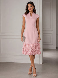 Stretch Mesh Sheath/Column V-Neck Midi-Length Cocktail Dresses with 3D Flowers
