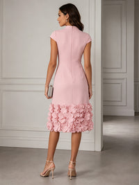 Stretch Mesh Sheath/Column V-Neck Midi-Length Cocktail Dresses with 3D Flowers