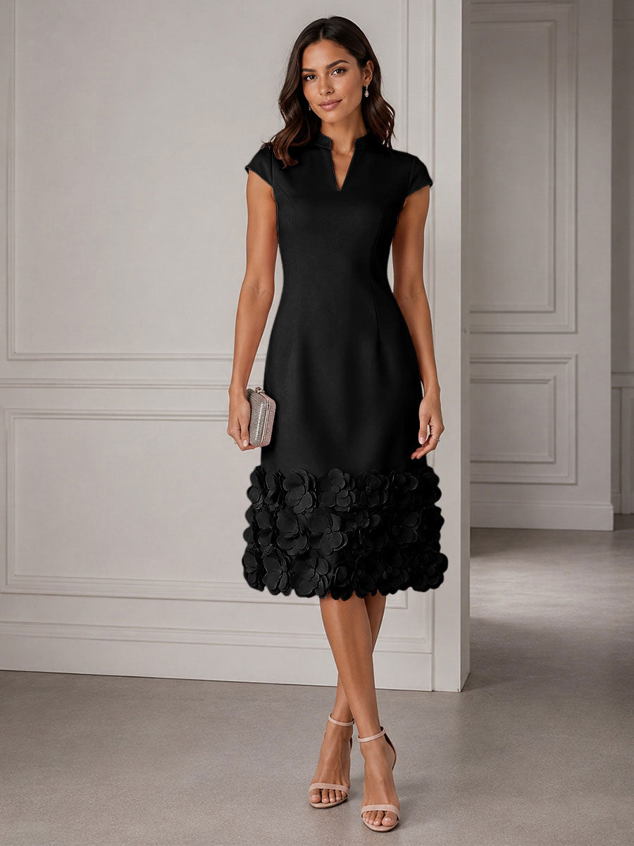 Stretch Mesh Sheath/Column V-Neck Midi-Length Cocktail Dresses with 3D Flowers