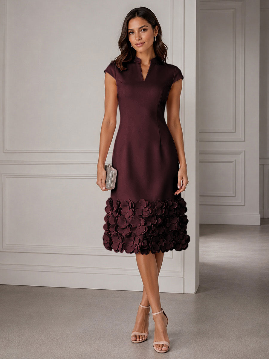 Stretch Mesh Sheath/Column V-Neck Midi-Length Cocktail Dresses with 3D Flowers
