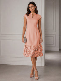 Stretch Mesh Sheath/Column V-Neck Midi-Length Cocktail Dresses with 3D Flowers