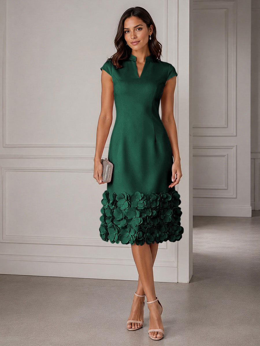 Stretch Mesh Sheath/Column V-Neck Midi-Length Cocktail Dresses with 3D Flowers