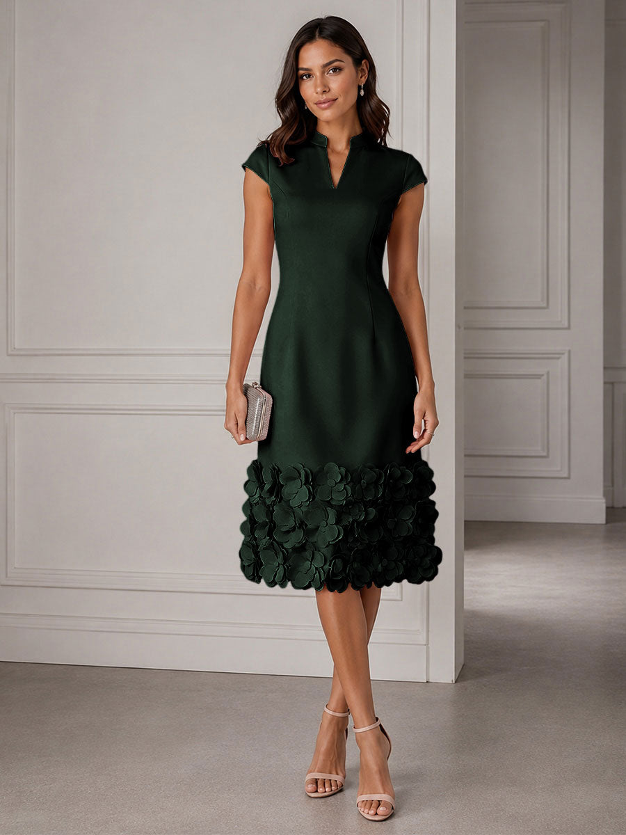 Stretch Mesh Sheath/Column V-Neck Midi-Length Cocktail Dresses with 3D Flowers