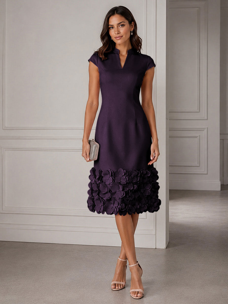 Stretch Mesh Sheath/Column V-Neck Midi-Length Cocktail Dresses with 3D Flowers