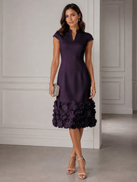 Stretch Mesh Sheath/Column V-Neck Midi-Length Cocktail Dresses with 3D Flowers