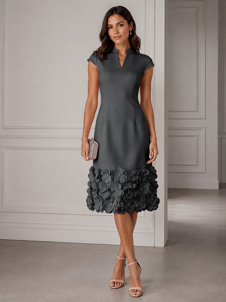 Stretch Mesh Sheath/Column V-Neck Midi-Length Cocktail Dresses with 3D Flowers