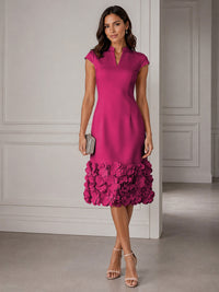 Stretch Mesh Sheath/Column V-Neck Midi-Length Cocktail Dresses with 3D Flowers