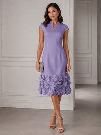 Stretch Mesh Sheath/Column V-Neck Midi-Length Cocktail Dresses with 3D Flowers