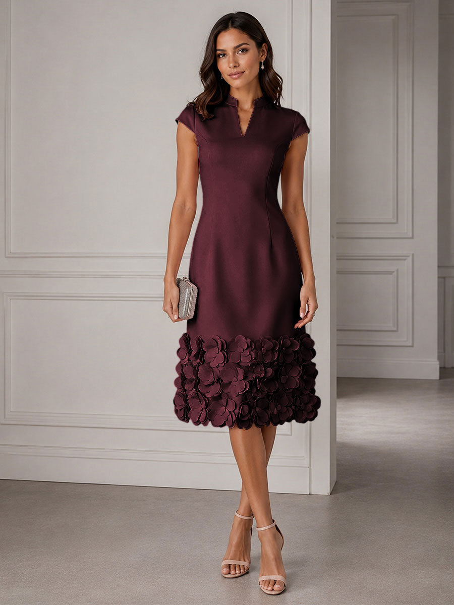 Stretch Mesh Sheath/Column V-Neck Midi-Length Cocktail Dresses with 3D Flowers