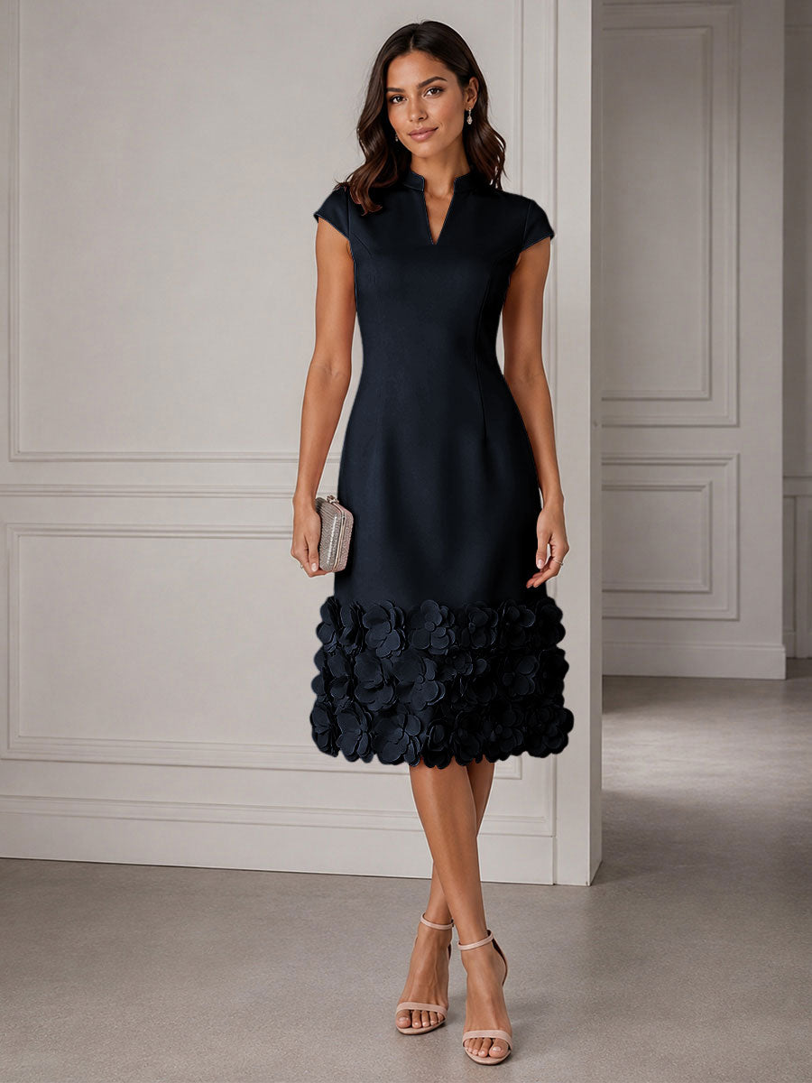 Stretch Mesh Sheath/Column V-Neck Midi-Length Cocktail Dresses with 3D Flowers