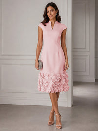 Stretch Mesh Sheath/Column V-Neck Midi-Length Cocktail Dresses with 3D Flowers
