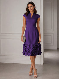 Stretch Mesh Sheath/Column V-Neck Midi-Length Cocktail Dresses with 3D Flowers