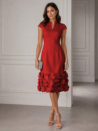 Stretch Mesh Sheath/Column V-Neck Midi-Length Cocktail Dresses with 3D Flowers