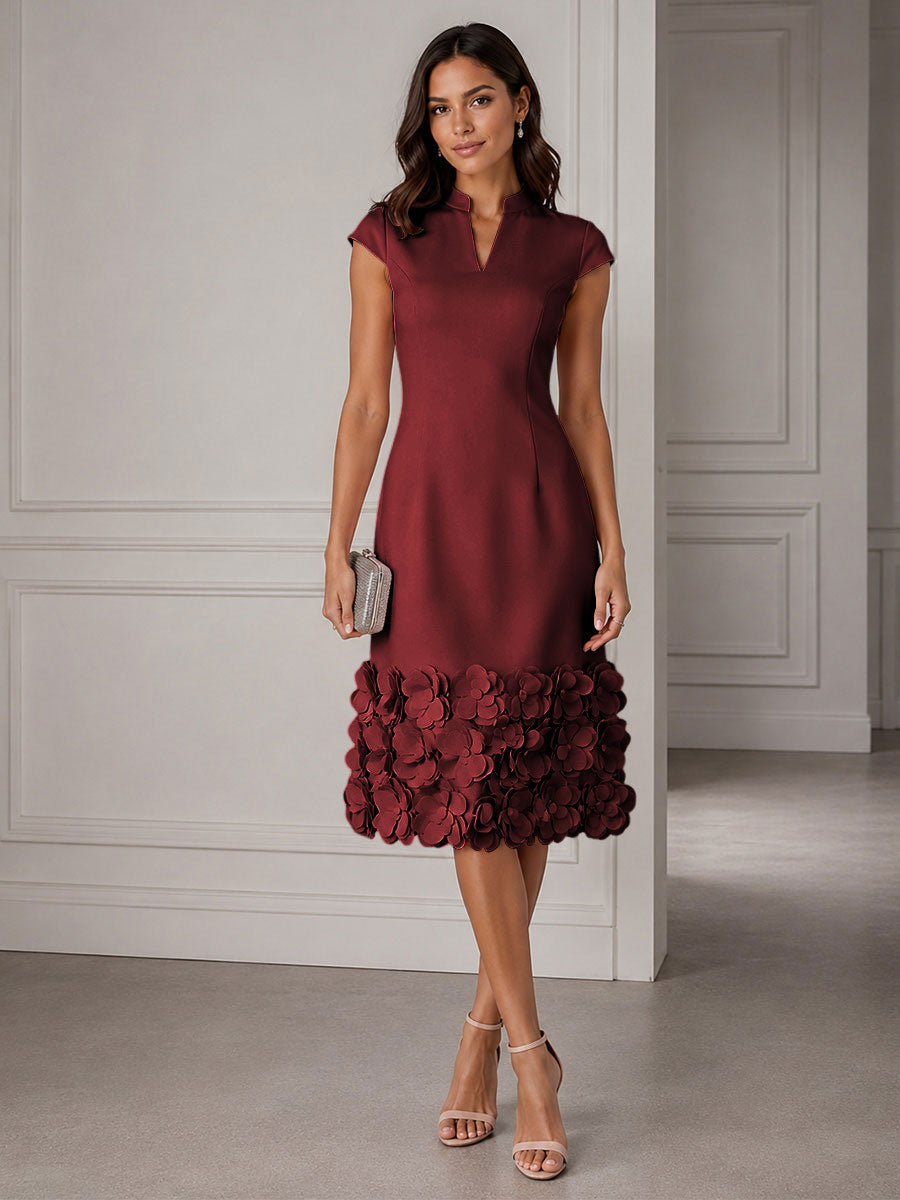 Stretch Mesh Sheath/Column V-Neck Midi-Length Cocktail Dresses with 3D Flowers