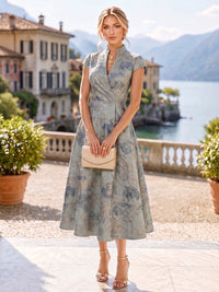 Jacquard A-Line/Princess V-Neck Tea-Length Cocktail Dresses with Ruched Waist