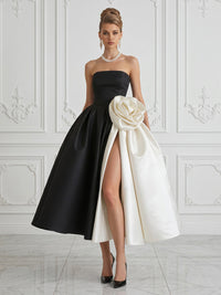 Satin A-Line/Princess Strapless Tea-Length Cocktail Dresses with Ruched Waist & Slit