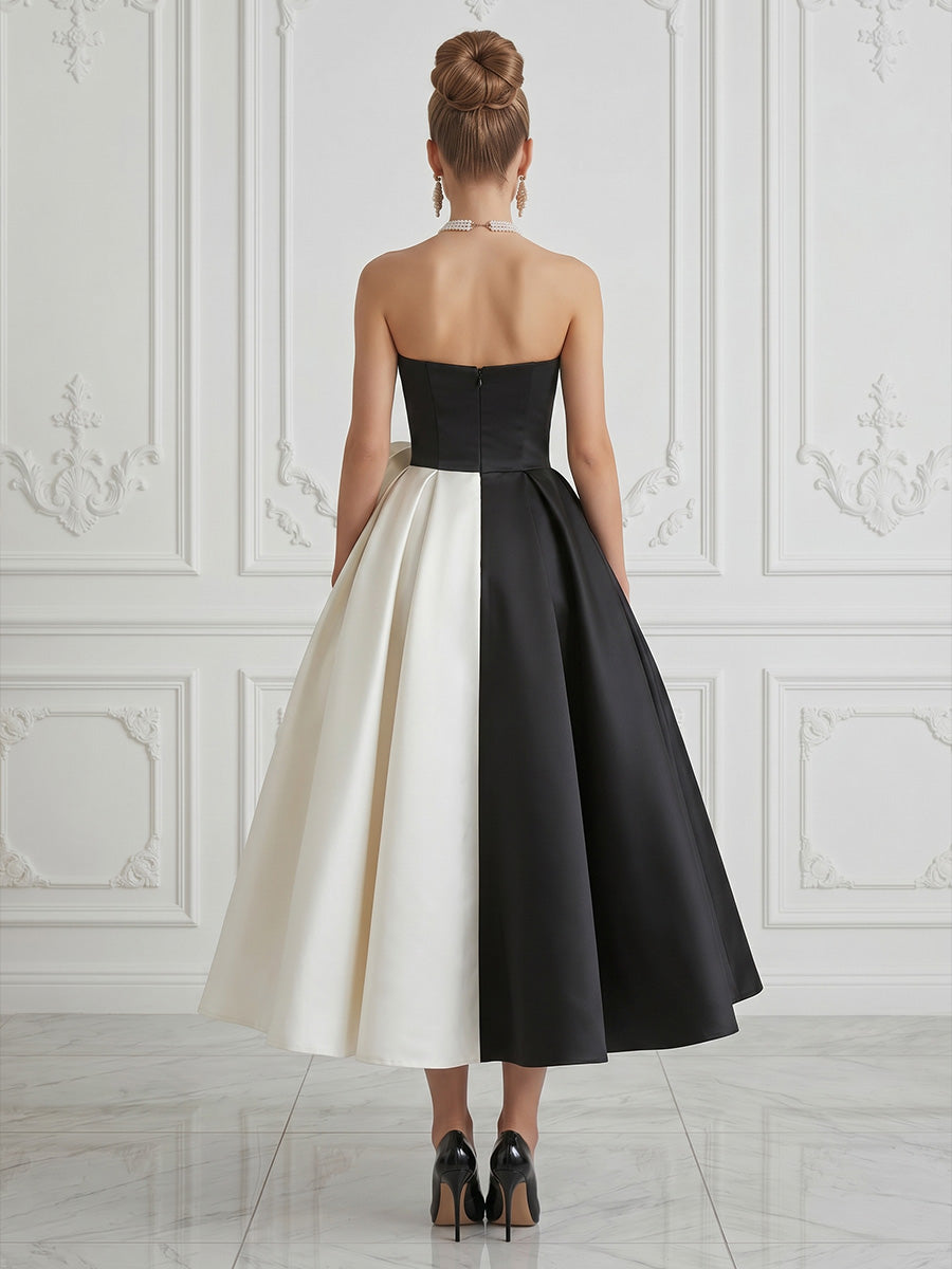 Satin A-Line/Princess Strapless Tea-Length Cocktail Dresses with Ruched Waist & Slit