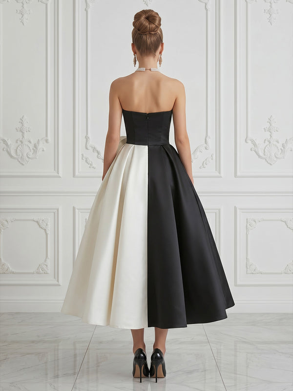 Satin A-Line/Princess Strapless Tea-Length Cocktail Dresses with Ruched Waist & Slit