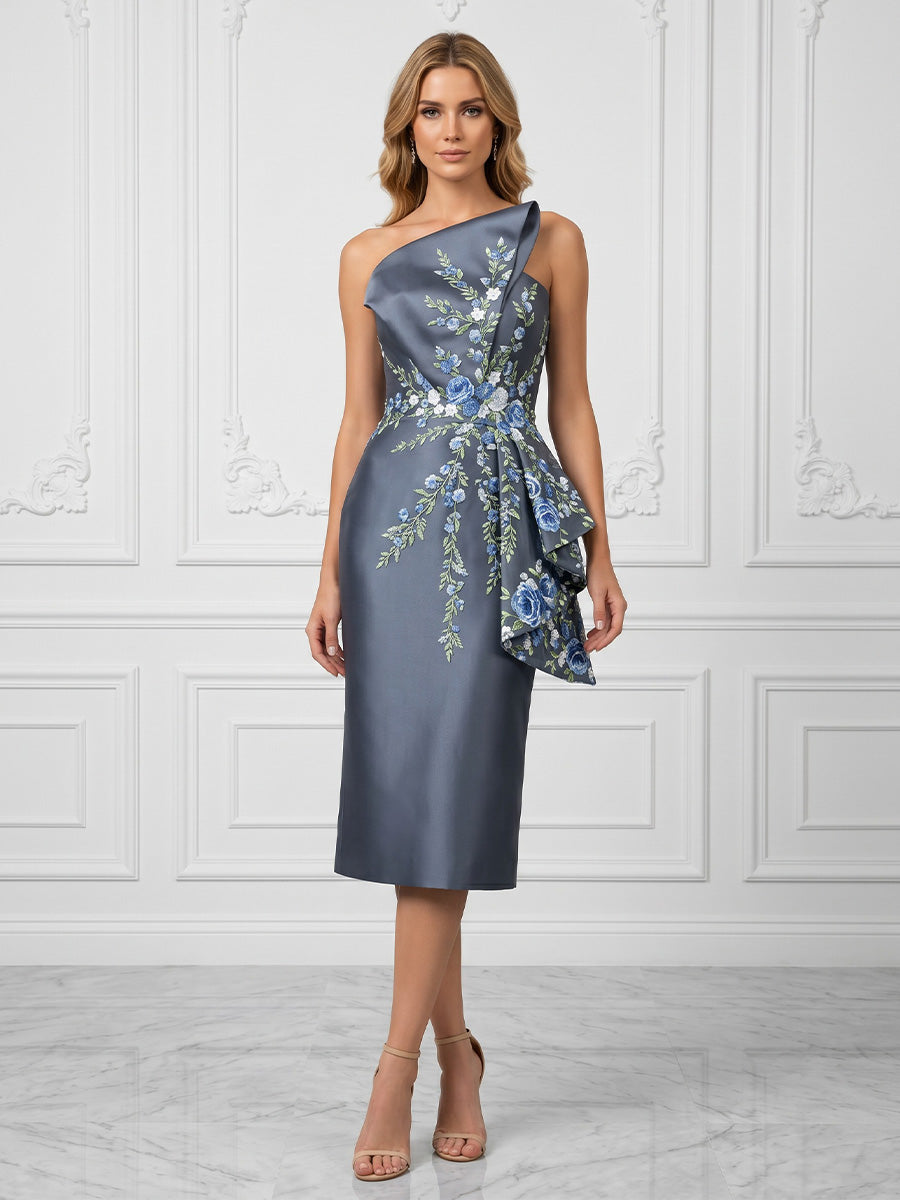 Satin Sheath/Column Strapless Tea-Length Cocktail Dresses with Floral Embroidery