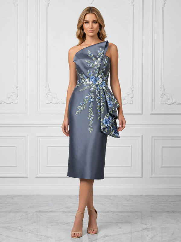 Satin Sheath/Column Strapless Tea-Length Cocktail Dresses with Floral Embroidery