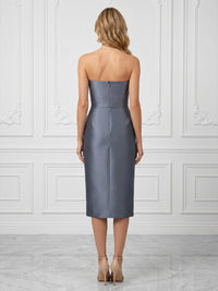 Satin Sheath/Column Strapless Tea-Length Cocktail Dresses with Floral Embroidery