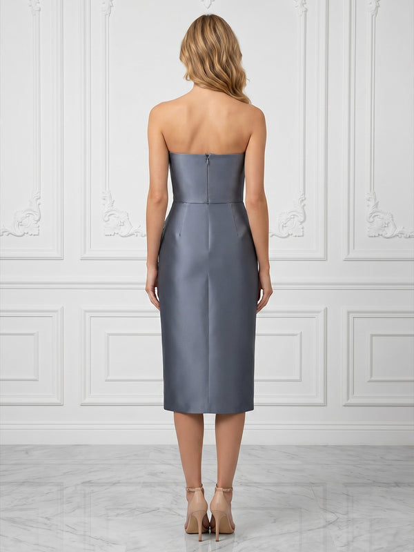 Satin Sheath/Column Strapless Tea-Length Cocktail Dresses with Floral Embroidery