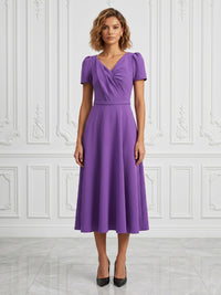 Chiffon A-Line/Princess V-Neck Tea-Length Cocktail Dresses with Ruched Bodice