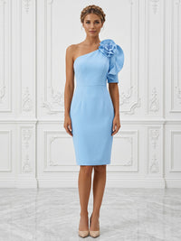 Stretch Mesh Sheath/Column One Shoulder Midi-Length Cocktail Dresses with 3D Flowers