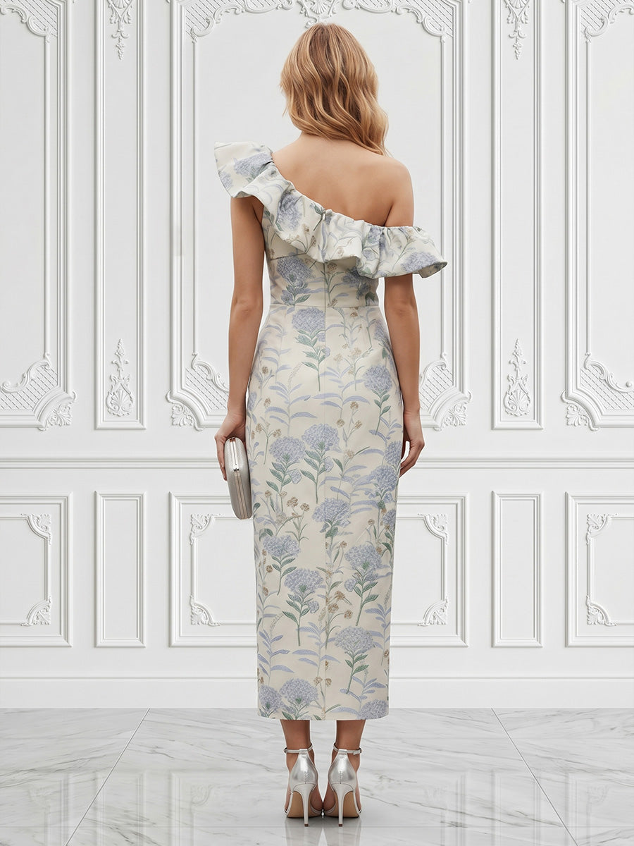 Jacquard Sheath/Column One Shoulder Tea-Length Cocktail Dresses with Ruffles