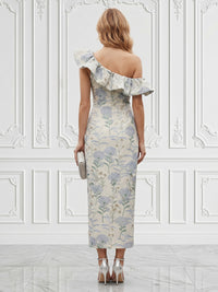 Jacquard Sheath/Column One Shoulder Tea-Length Cocktail Dresses with Ruffles