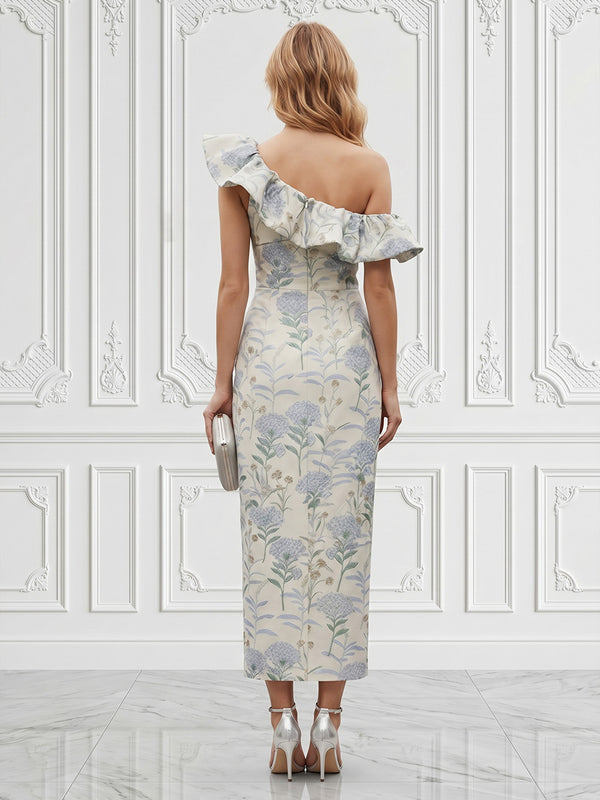 Jacquard Sheath/Column One Shoulder Tea-Length Cocktail Dresses with Ruffles