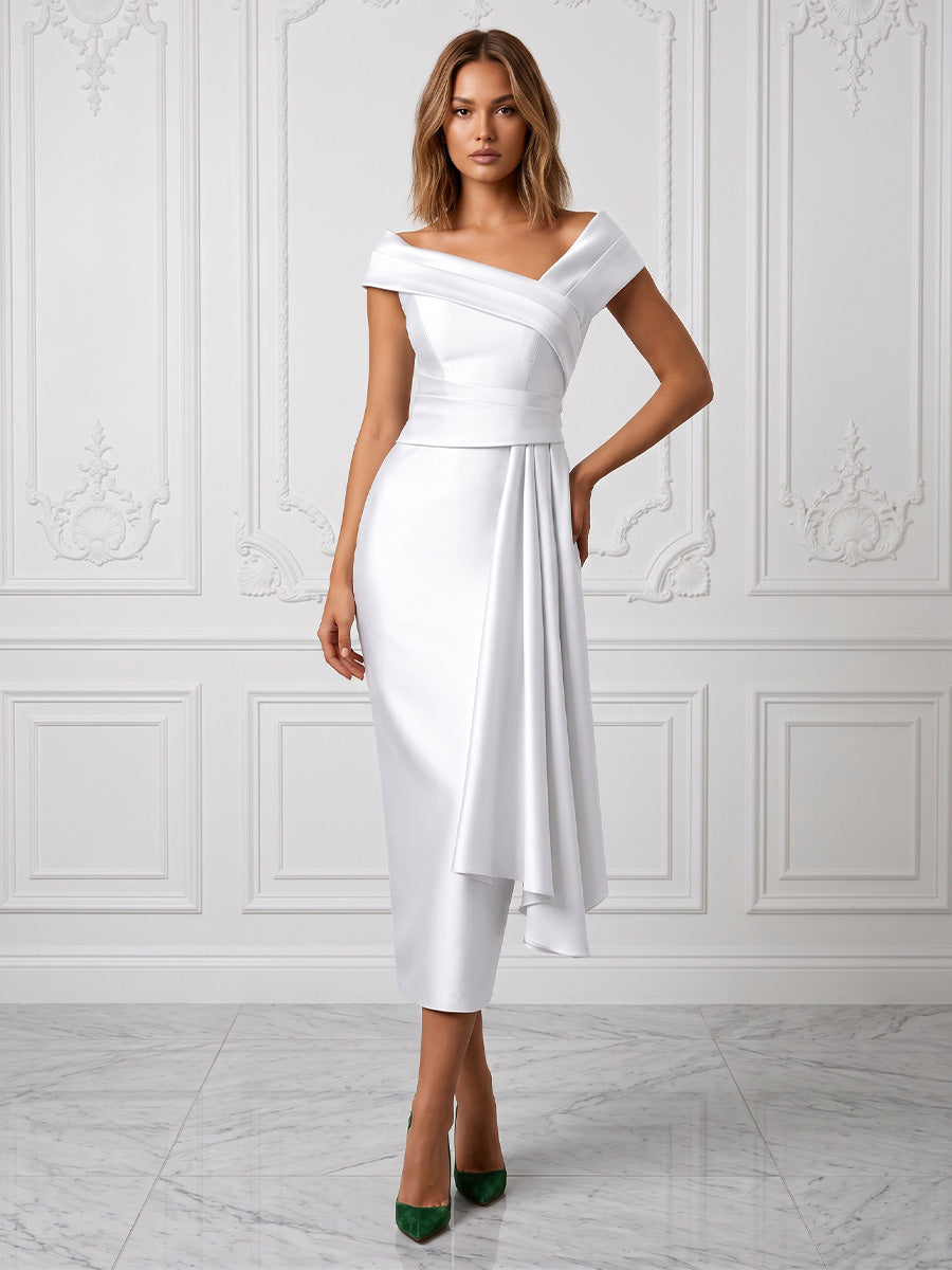 Satin Sheath/Column Off Shoulder Tea-Length Cocktail Dresses with Ruffles