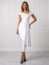 Satin Sheath/Column Off Shoulder Tea-Length Cocktail Dresses with Ruffles