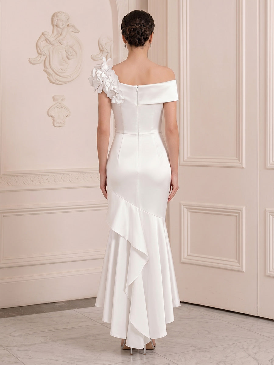 Satin Mermaid/Trumpet Off Shoulder Tea-Length Cocktail Dresses with 3D Flowers & Ruffles