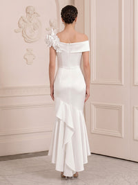 Satin Mermaid/Trumpet Off Shoulder Tea-Length Cocktail Dresses with 3D Flowers & Ruffles