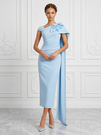 Stretch Mesh Sheath/Column Asymmetric Neck Tea-Length Cocktail Dresses with 3D Flowers & Ruched Waist